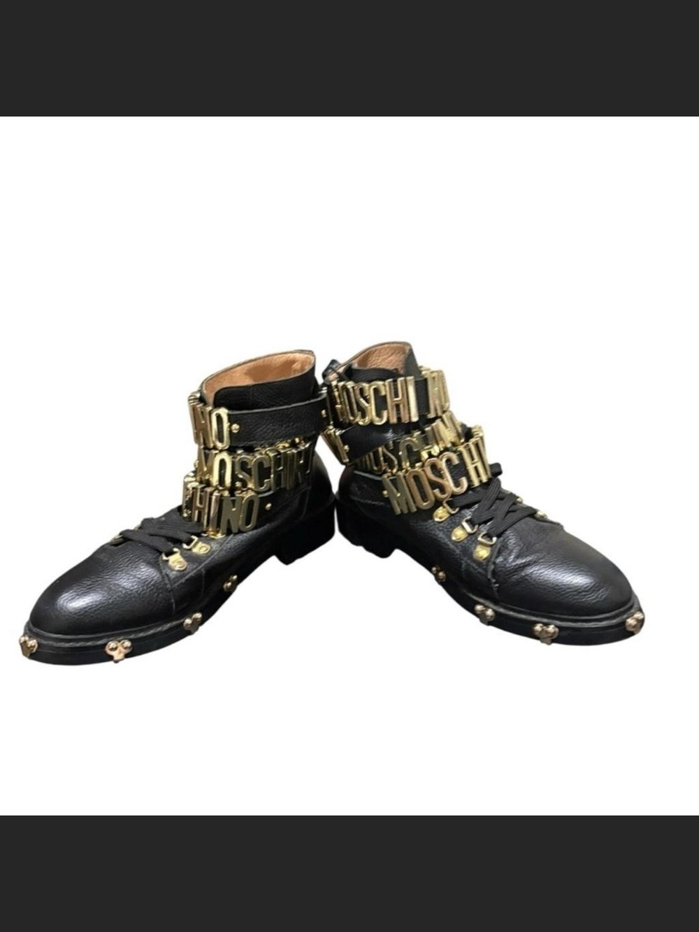 Moschino Black Leather Logo-Strap Combat Boots with Gold Hardware - Picture 4 of 6